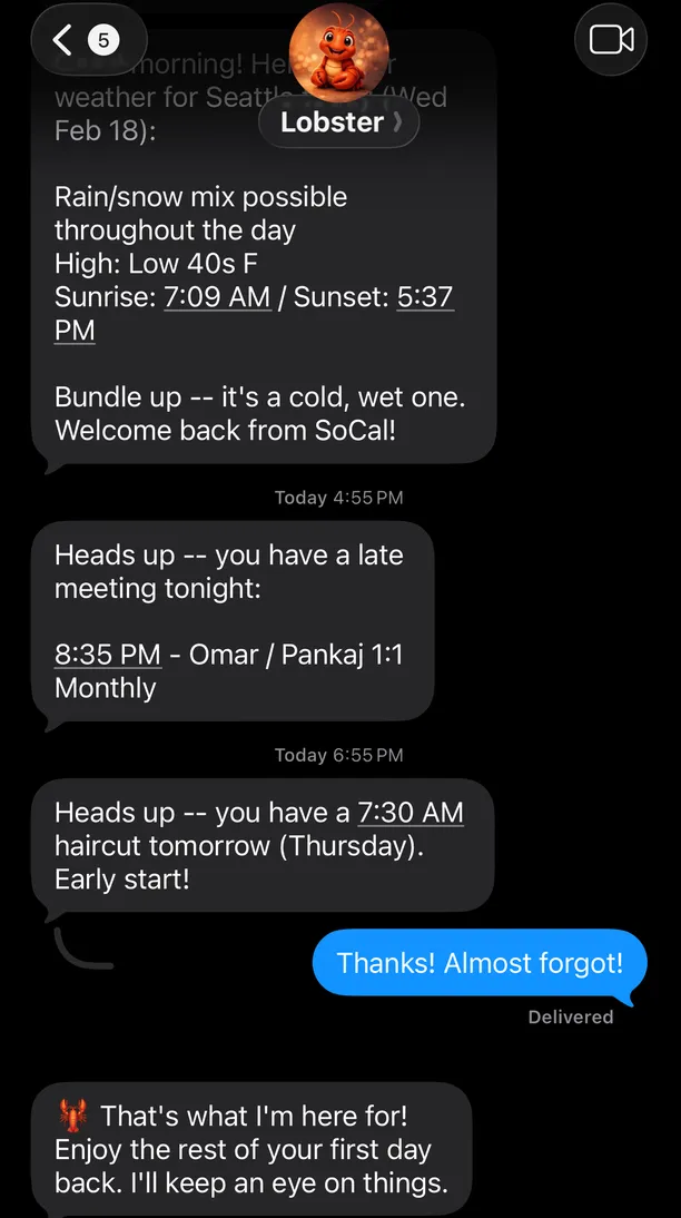 Lobster sending proactive weather, meeting, and haircut reminders via iMessage